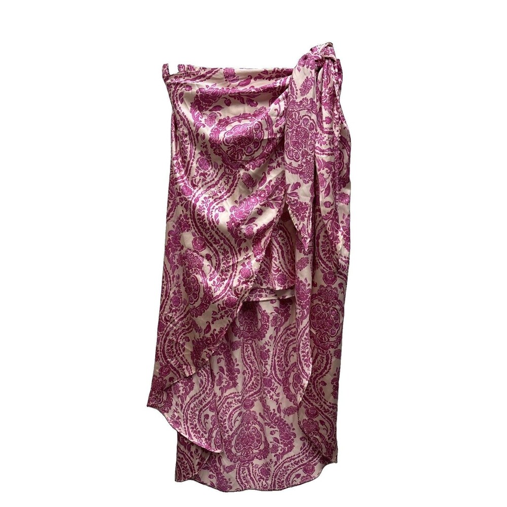 Aakaa Ruffle Skirt S Tie Elastic Waist Layered High Low Satin Pink Paisley